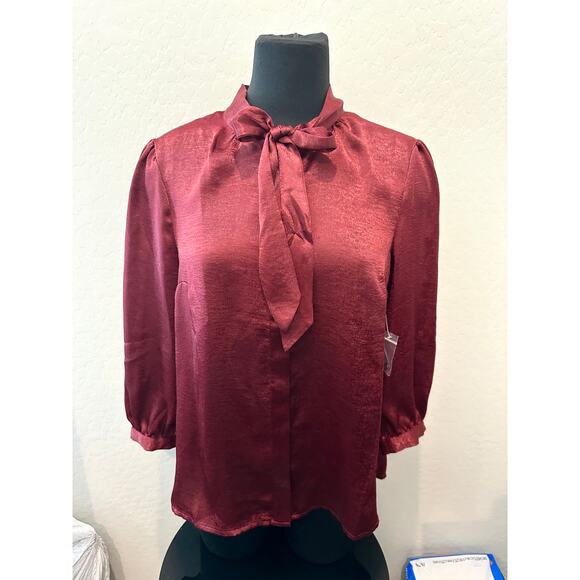🆕 MODCLOTH | Burgundy Red Satin Silky Neck Tie 3/4 Sleeve Blouse | Medium - Picture 2 of 8